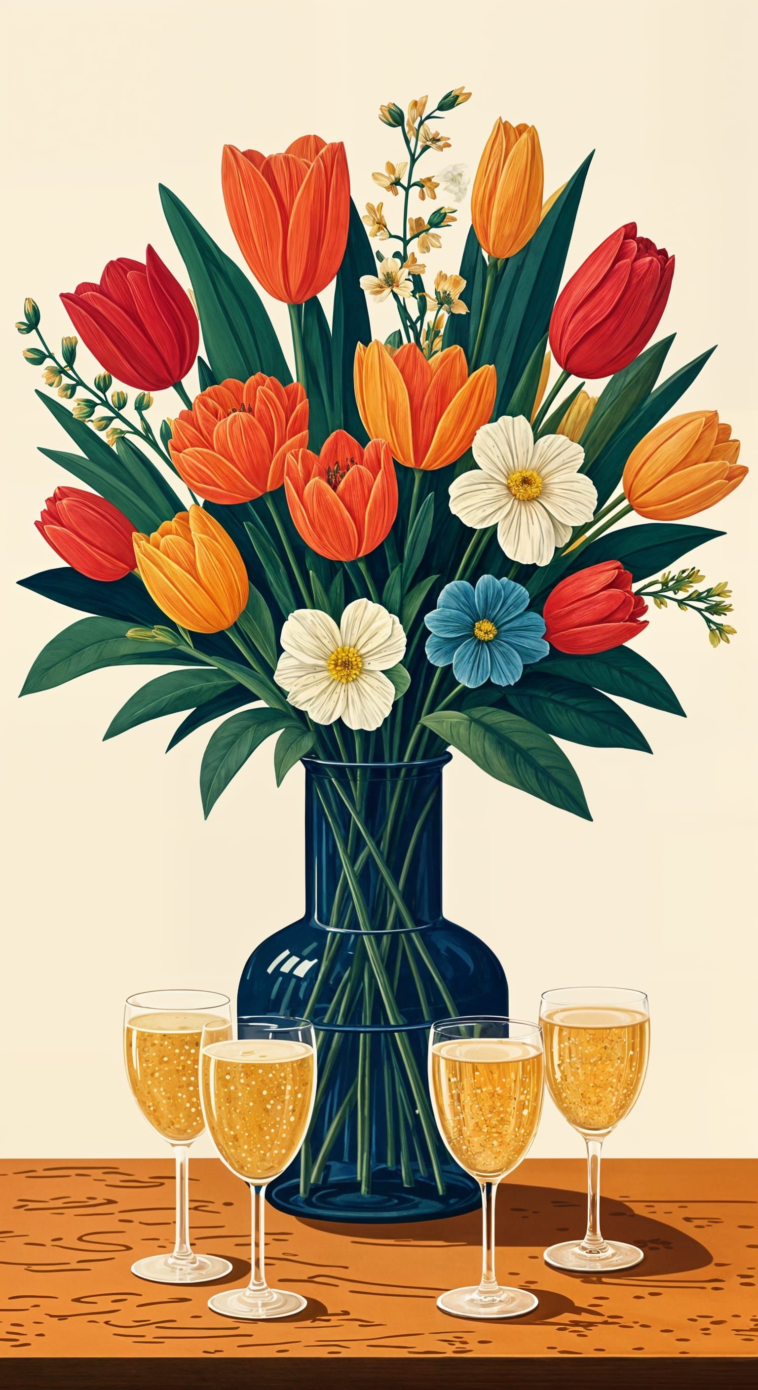 Vibrant Spring Floral Bouquet in Dark Blue Glass