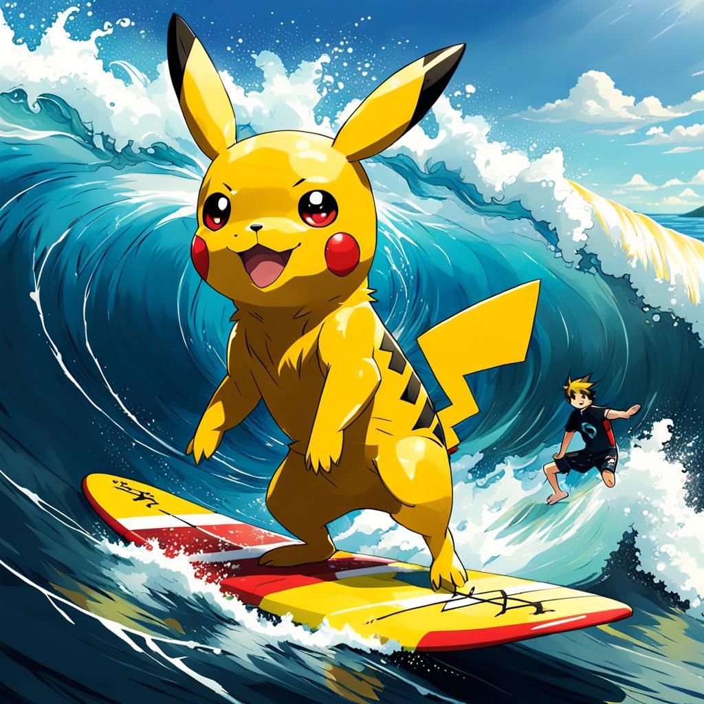 Surfing Pikachu in Anime Key Visual Style