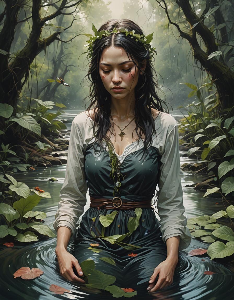 Surreal River Woman in Dark Fantasy Style