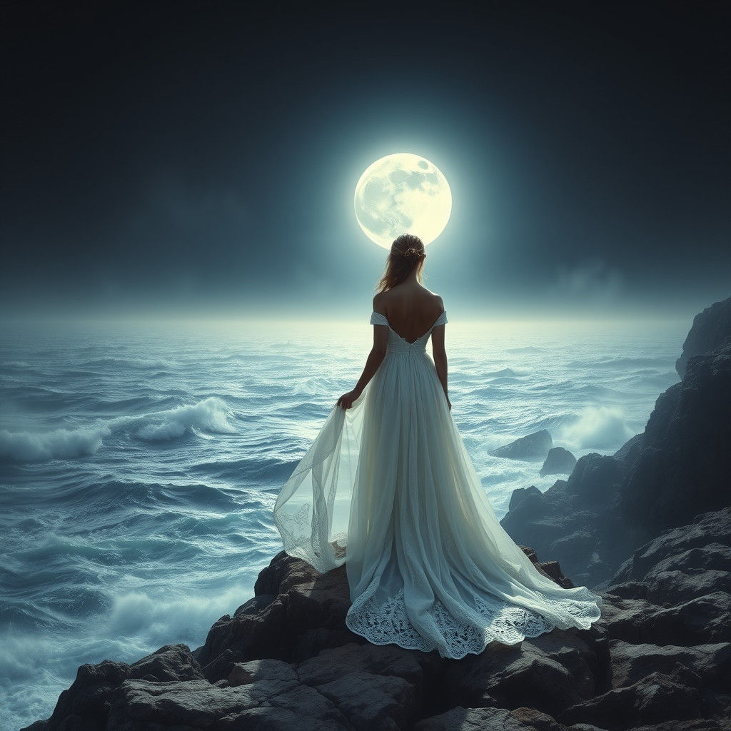 Serene Woman Contemplates the Mystical Moonlit Sea