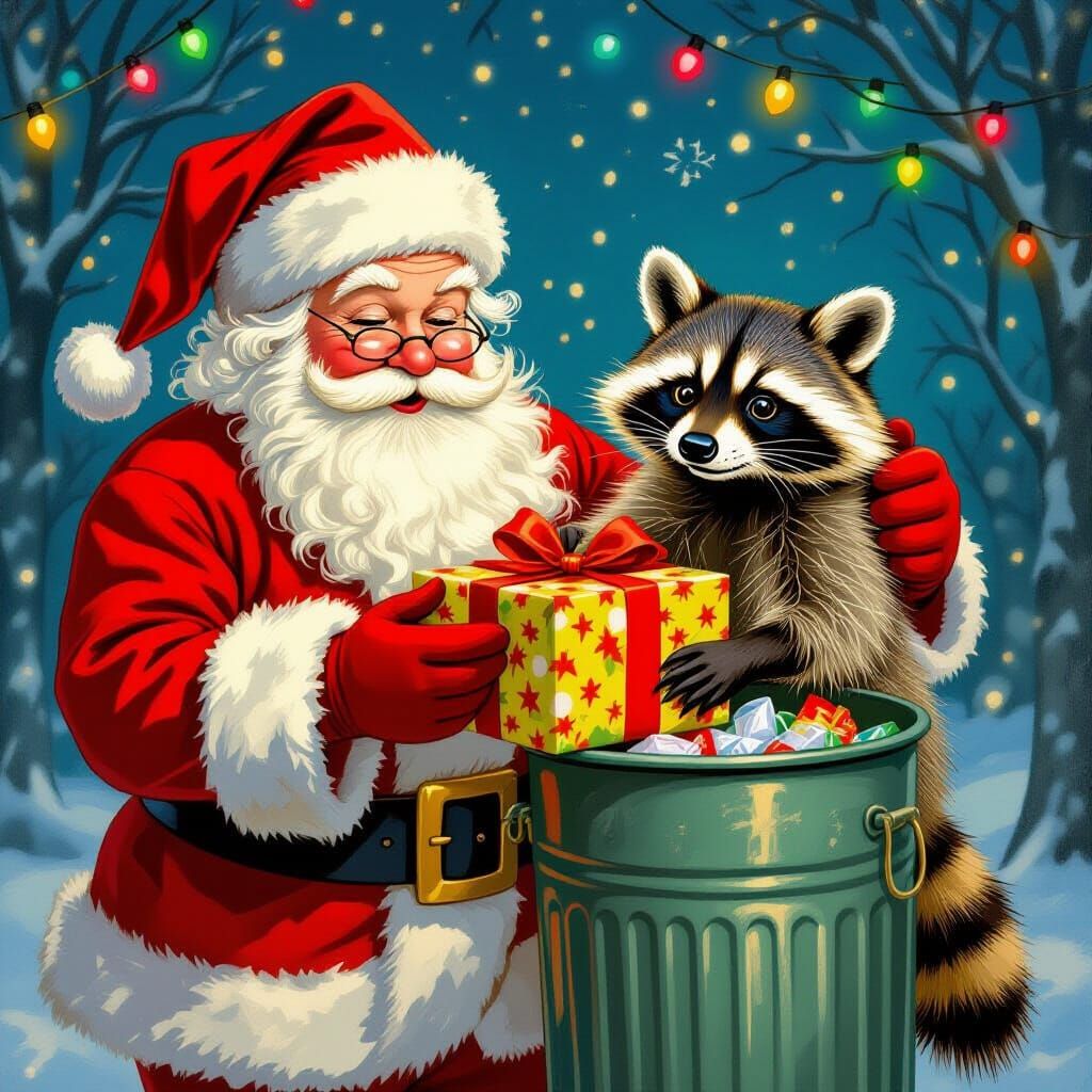Santa Offers Present to Bandit Raccoon Stealing Trash