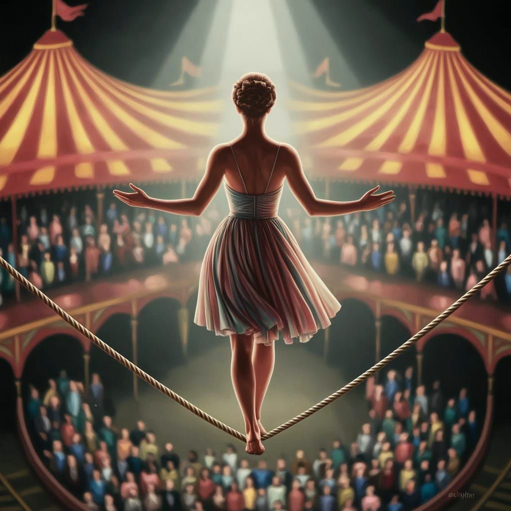 Surreal Circus Tightrope Walker in Warm Triadic Colors