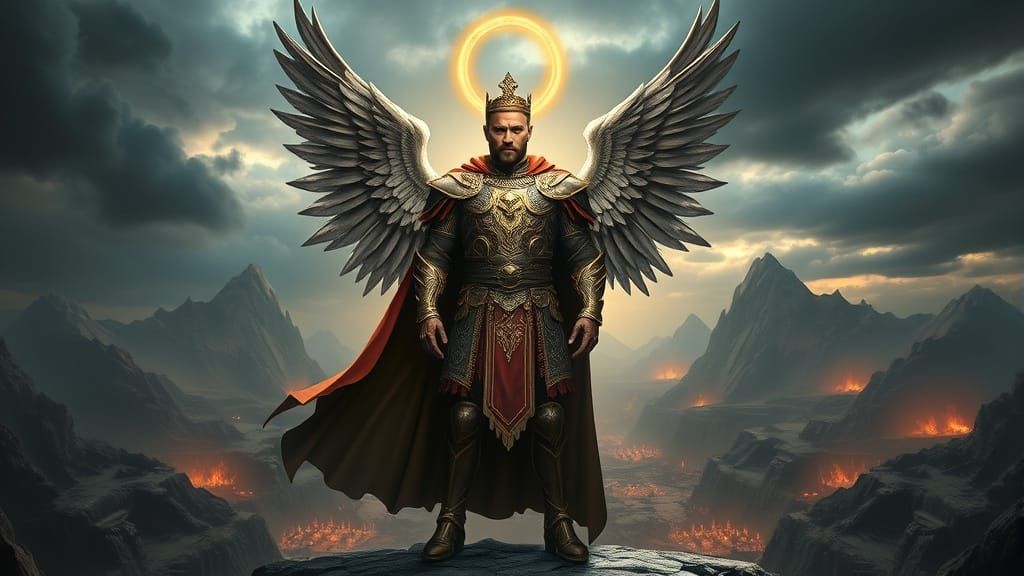 Epic Regal Man Surrounded by Angels in Apocalyptic Landscape