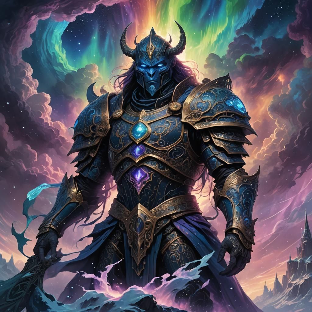 Colossal Gothic Figure Emerging from Aurora Clouds