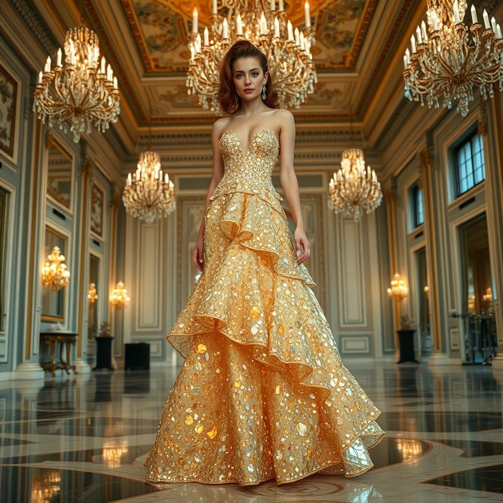 Crystal Gown in Opulent Ballroom, Hyperrealistic Photograph