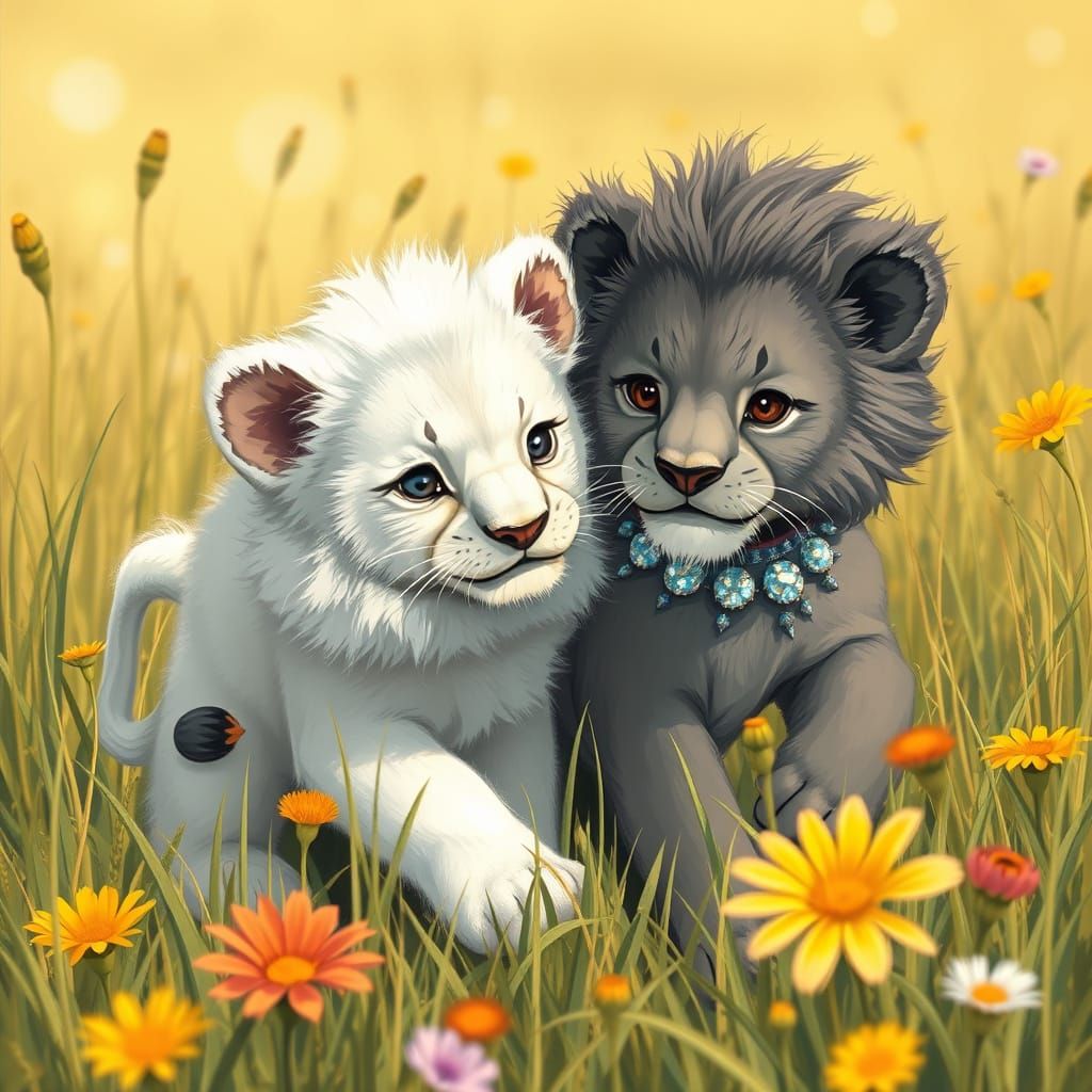 Lion Cubs Playing in Sunny Savannah, Blended Art Styles