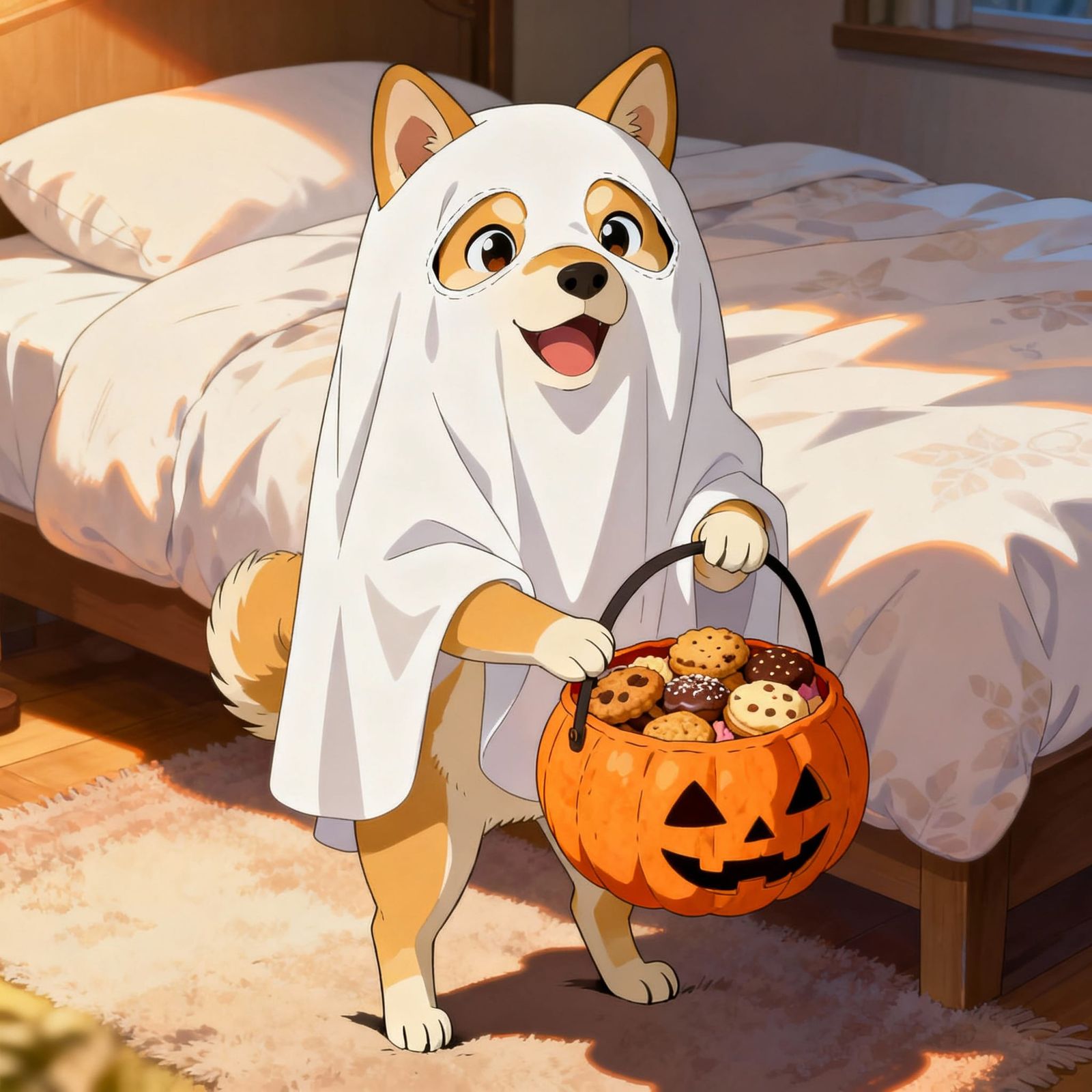 Shiba Inu Dog in Ghost Costume with Treat Basket