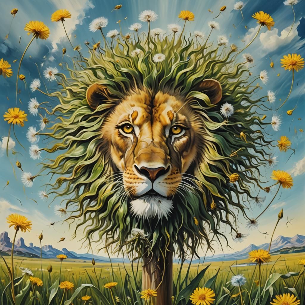 Surreal Dandelion Lion in Spring Meadow
