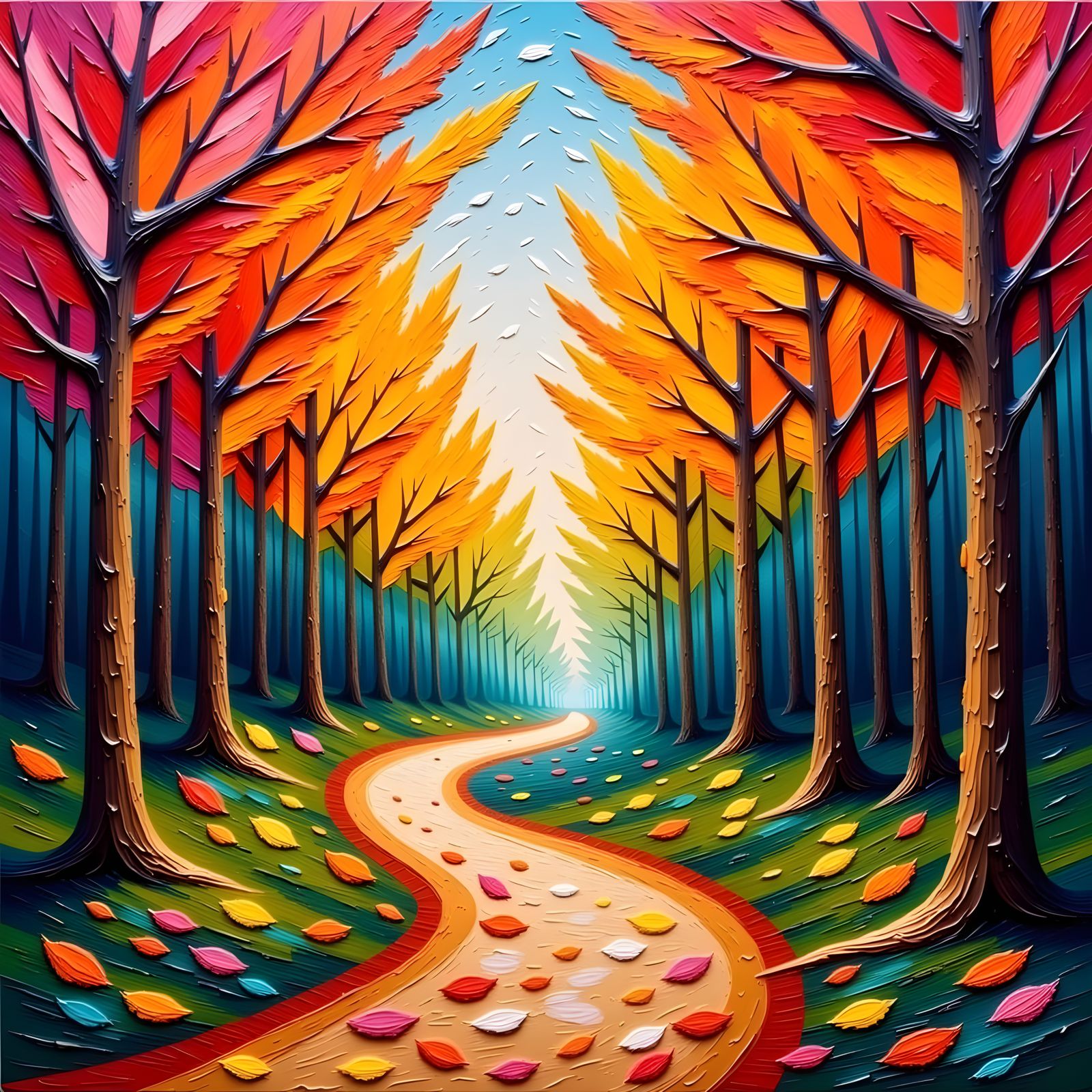 Vibrant Forest Path Painting with Autumn and Spring Colors