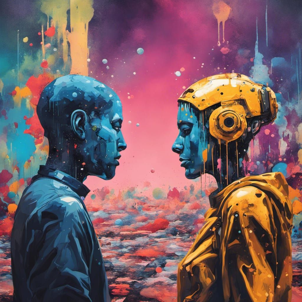 Android and Human Couple Converse in Space: Graffiti Art