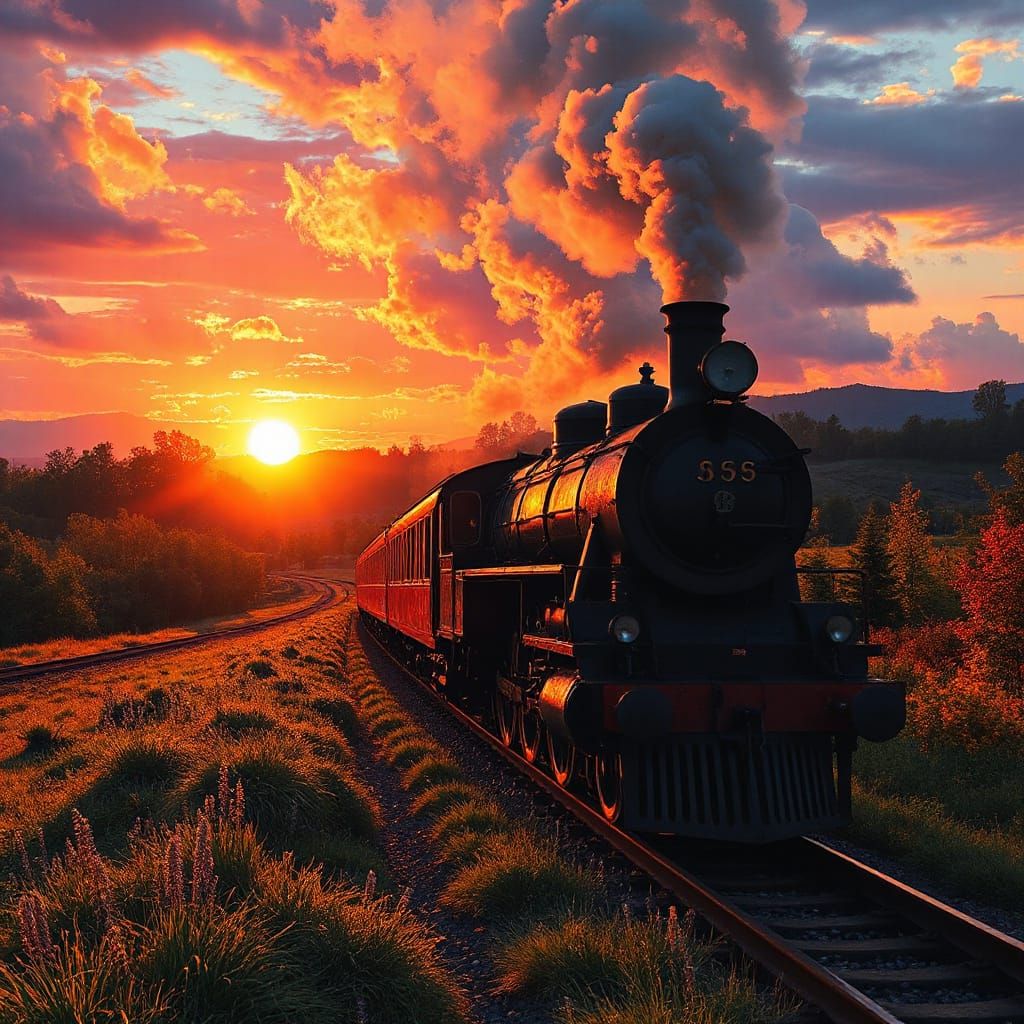 Vintage Steam Train in Sunset Countryside