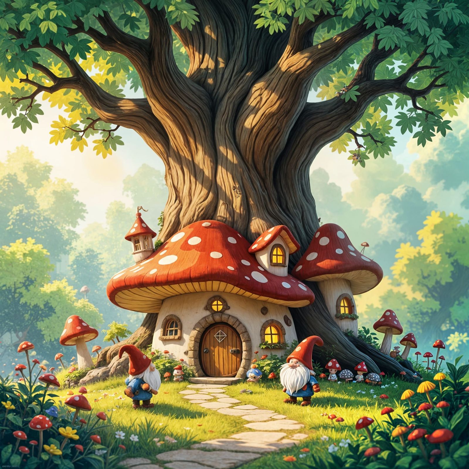Charming Gnome Village Nestled by a Giant Tree