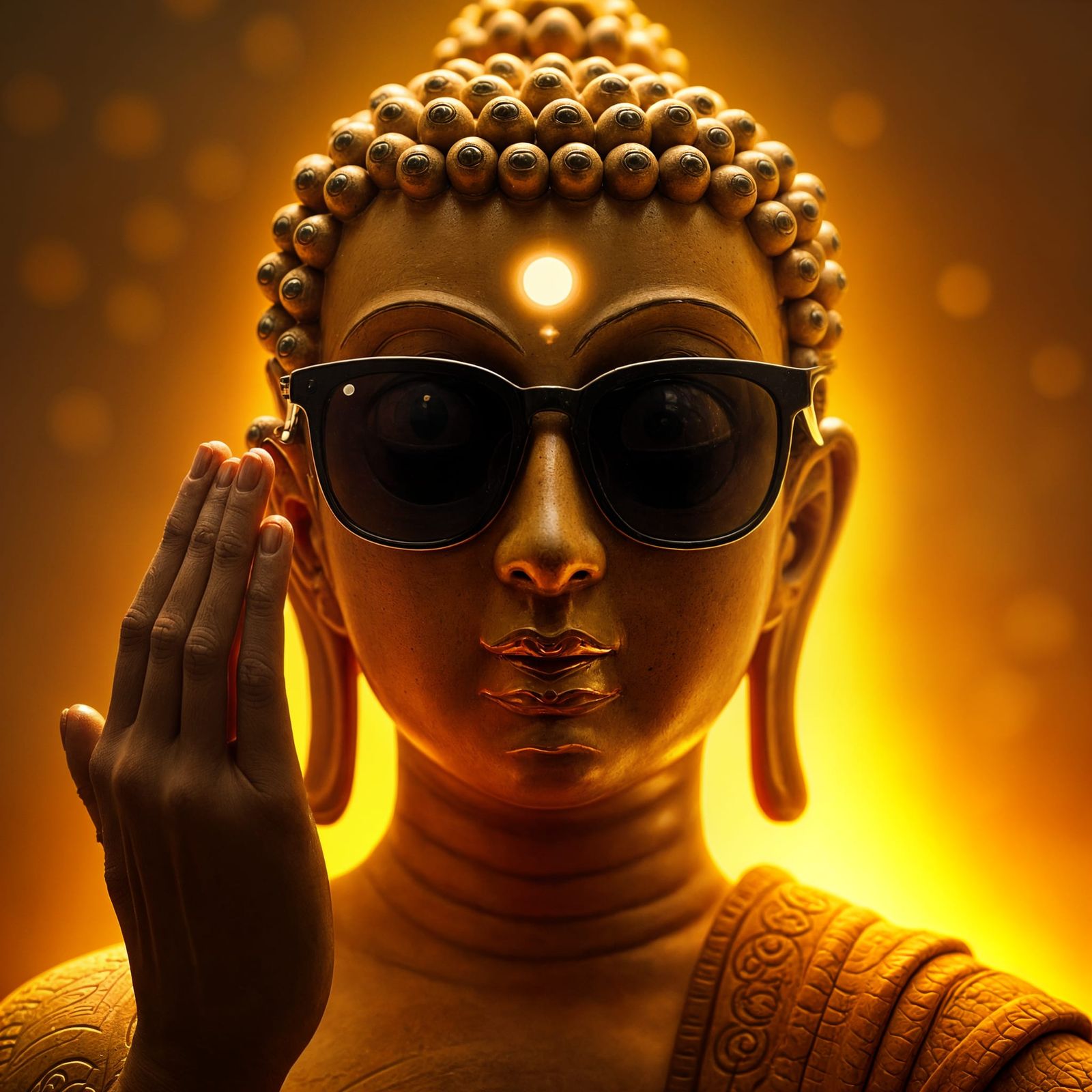 A holy Buddha with blacked out sunglasses and a third eye in...