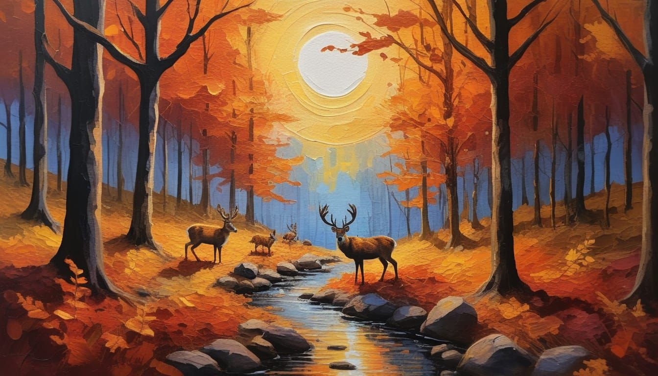 Autumn Forest Wildlife at Sunset in Impressionist Gouache