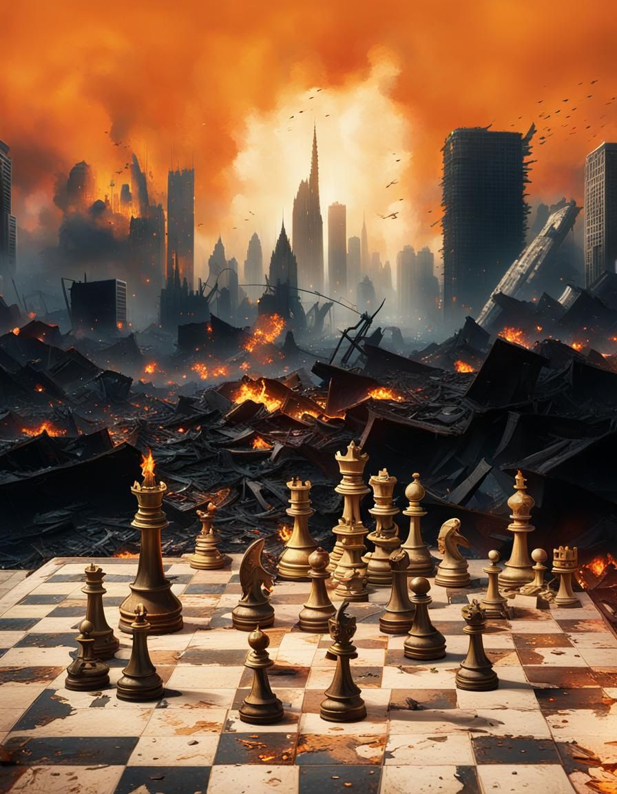 Political Chess Game in Burning City, Modernist Matte Painti...