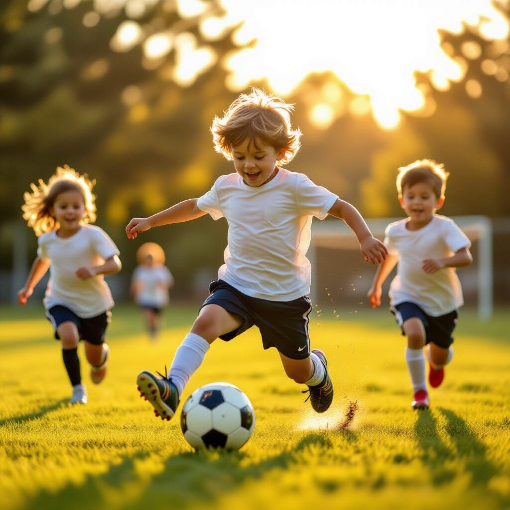 Children Playing Soccer in Golden Hour Glow