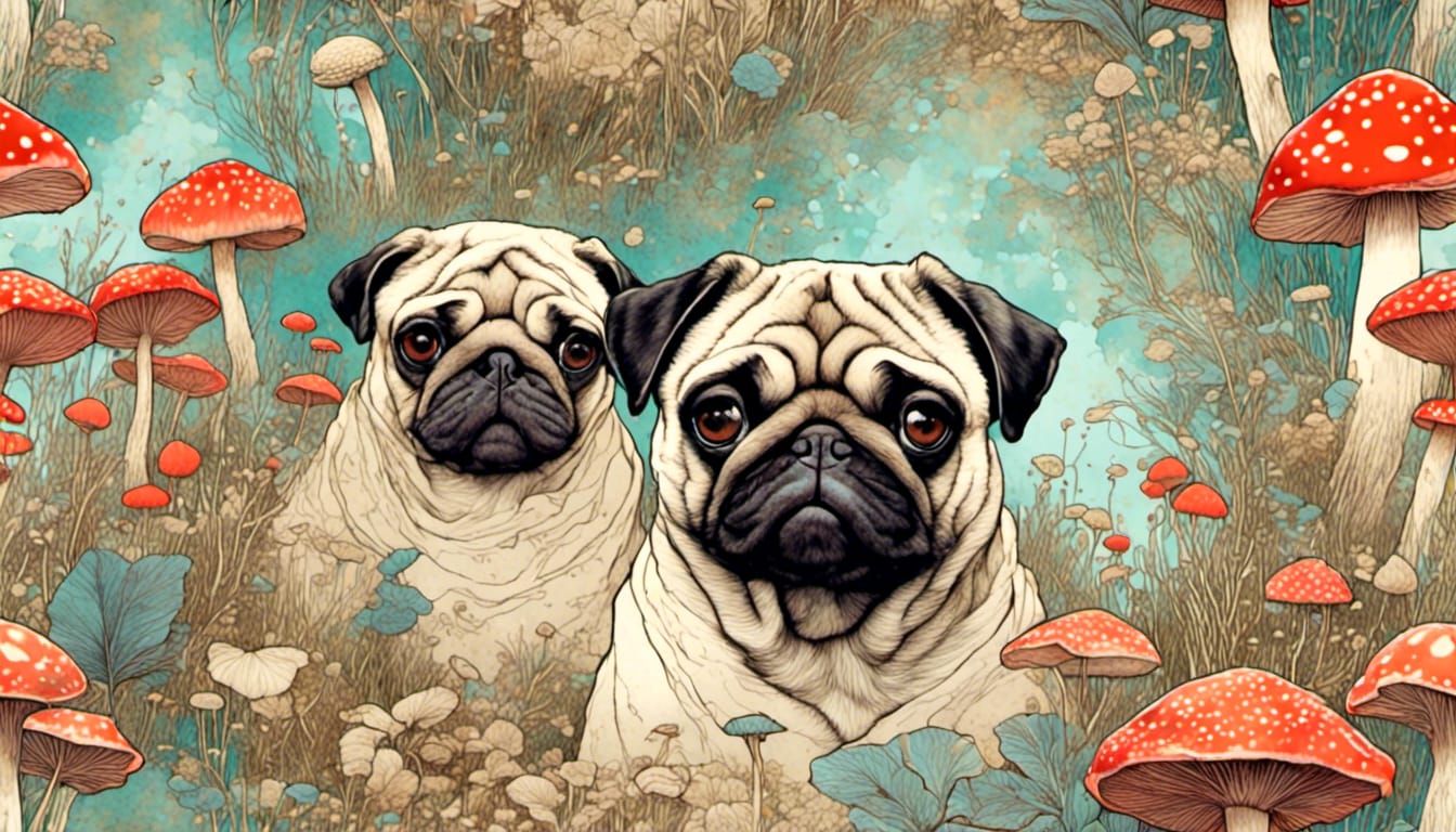 Pug's Polychromatic Path Through Fantasy Mushroom Garden