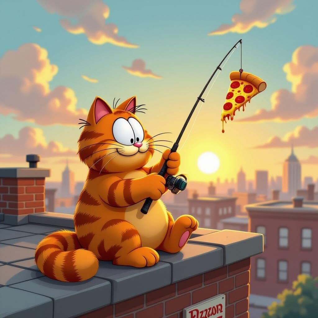 Garfield Fishing for Pizza on Rooftop at Sunset