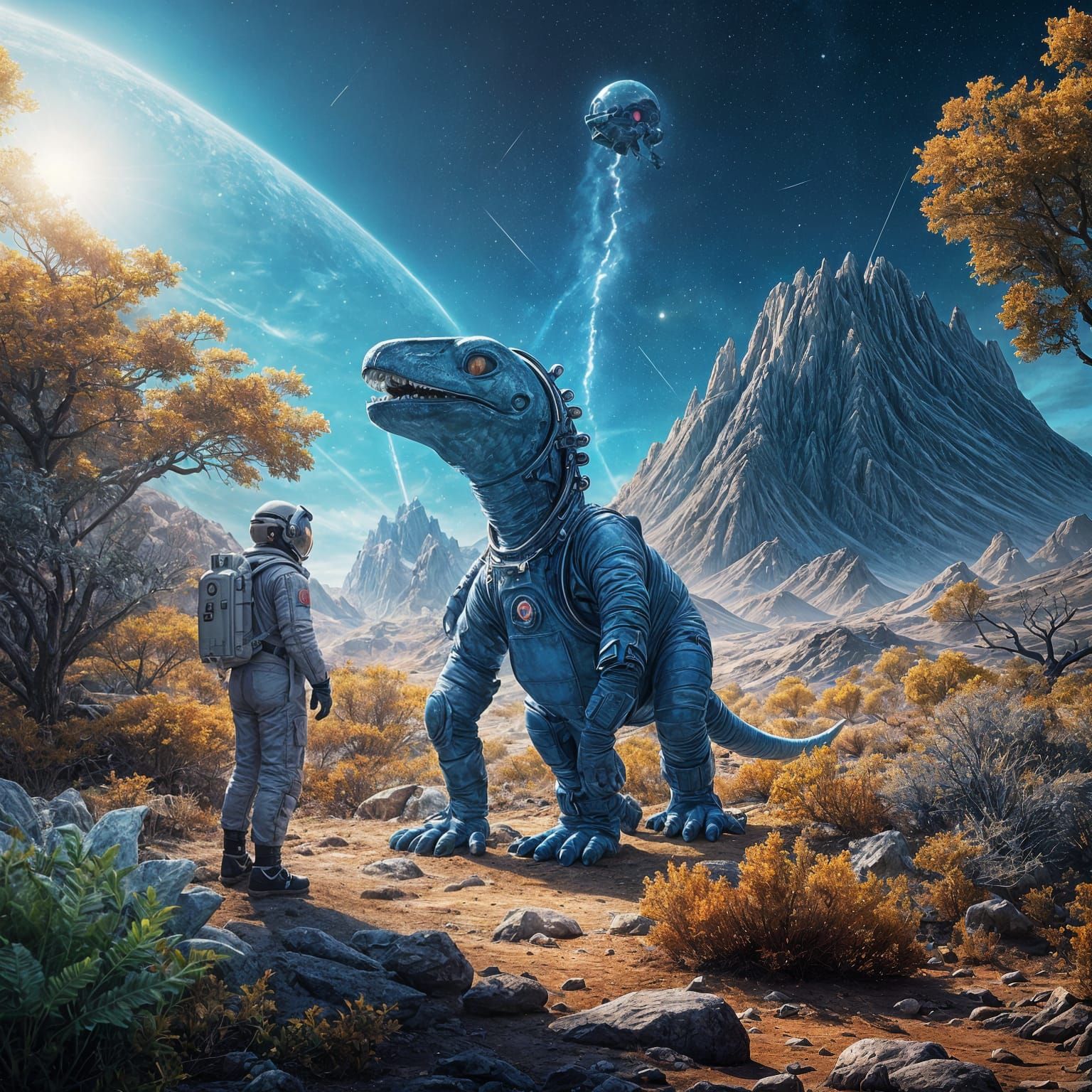 Astronaut Discovers Alien Landscape with Glowing Dinosaur