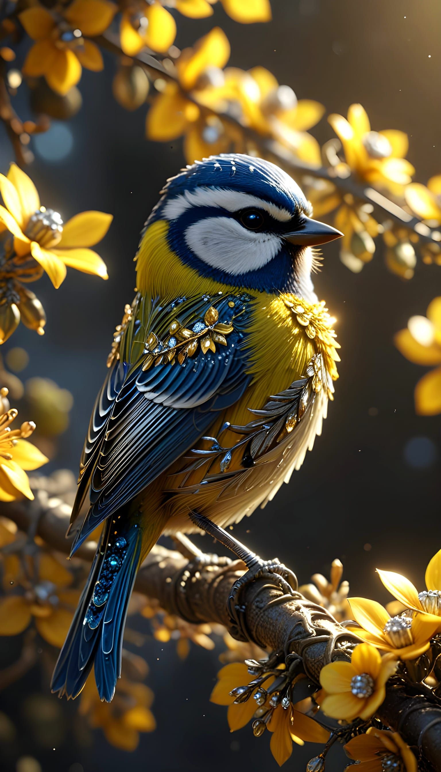 Hyperrealistic Jewel of a Bluetit in Golden Filigree