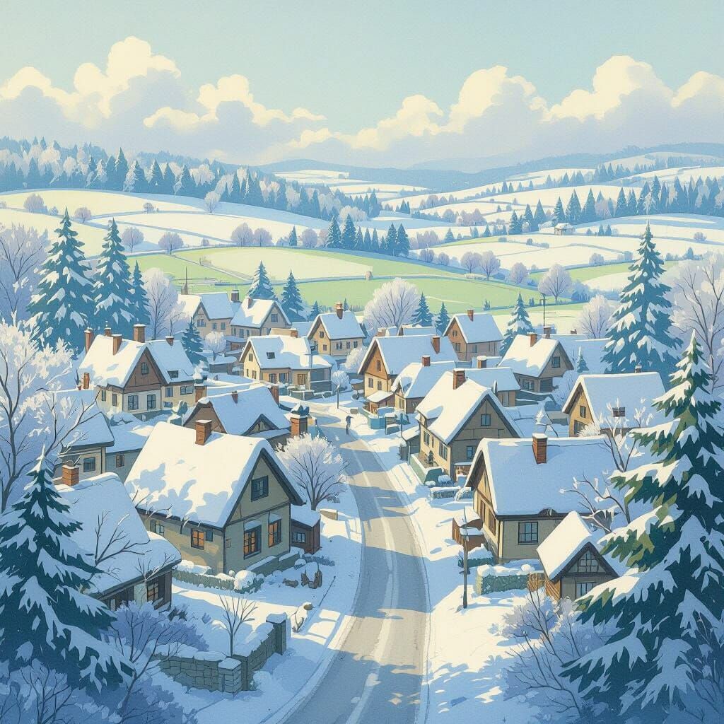 Winter Village Scene in Shinkai-Inspired Style