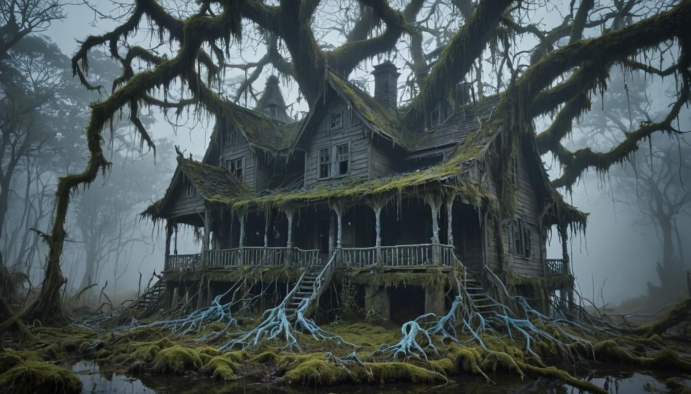 Bony Haunted House with Ooze in Foggy Swamp