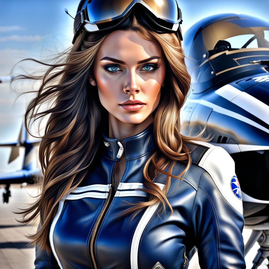 Hyperrealistic Woman with F-14 Tomcat in Atmospheric Portrai...