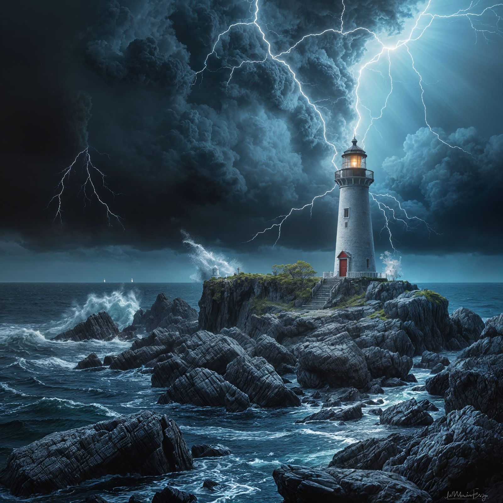 Lone Lighthouse Illuminated in Stormy Night