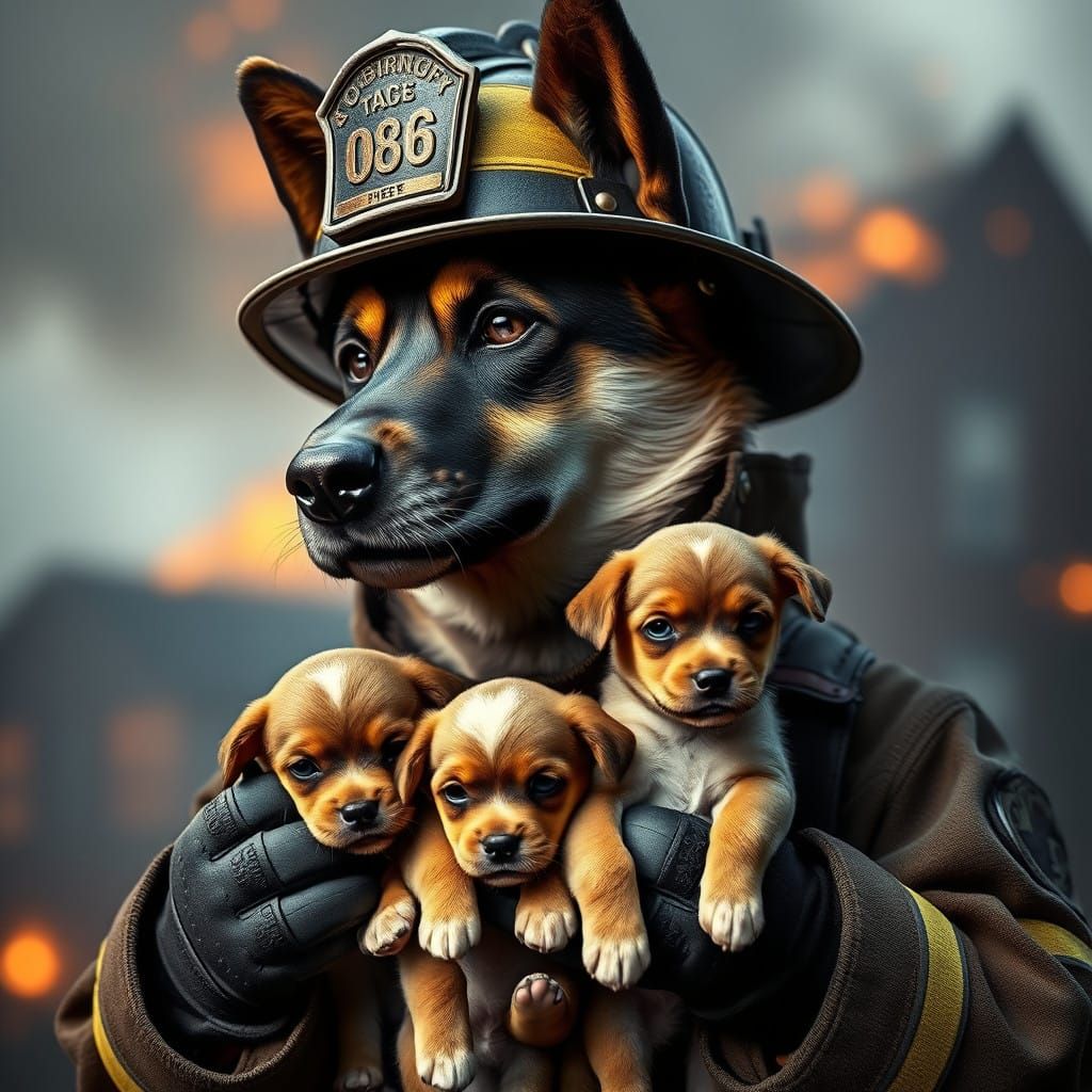 Weary Firefighter Dog Holds Adorable Puppies in His Arms