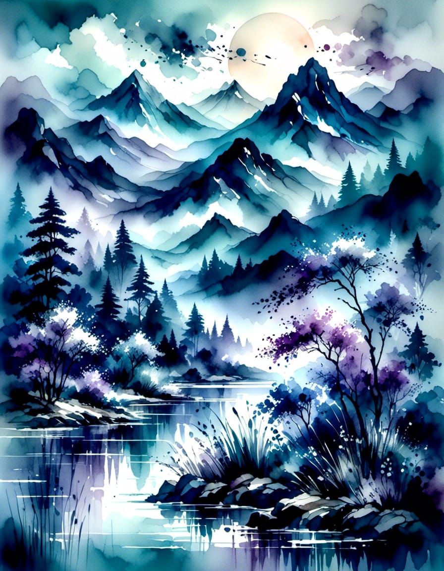 Ink Painting of Irises in Misty Mountains