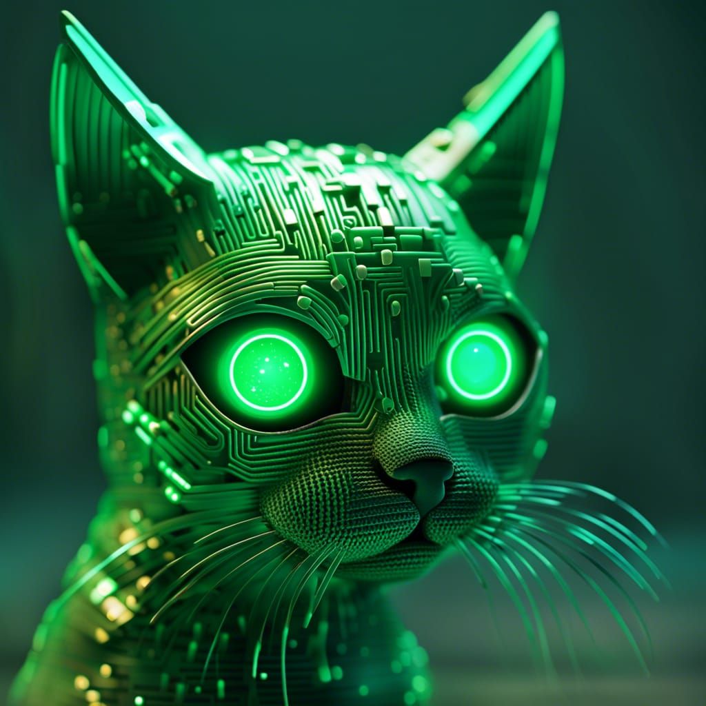 Cybernetic Kitten in Green Binary Sci-Fi Art