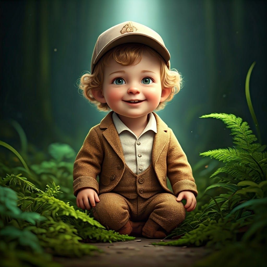 Cherubic Boy in Enchanted Woodland Scene