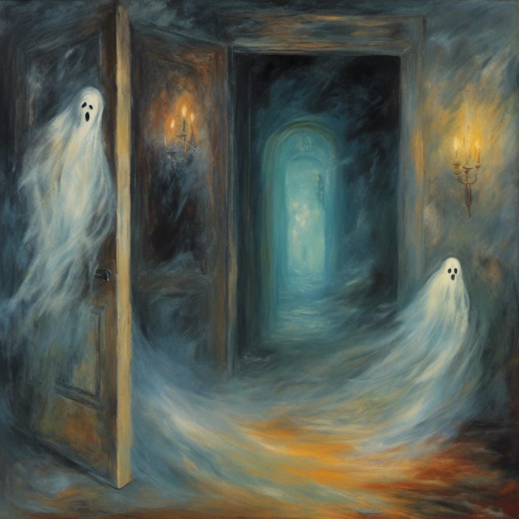 Ethereal Ghost Floating in Doorway: Surreal Oil Painting