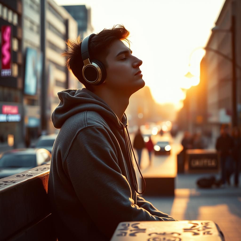 Serene Moment: Man Listening to Music in City Square