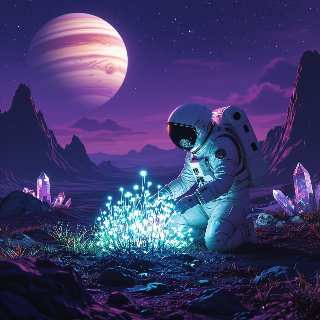 Astronaut tending alien garden on terraformed planet