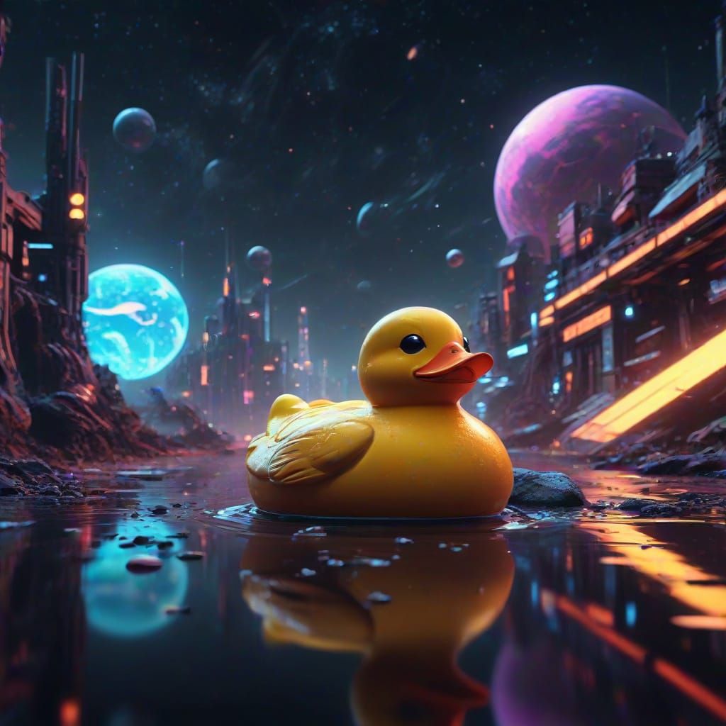 Cyberpunk Rubber Duck in Neon-Lit Space