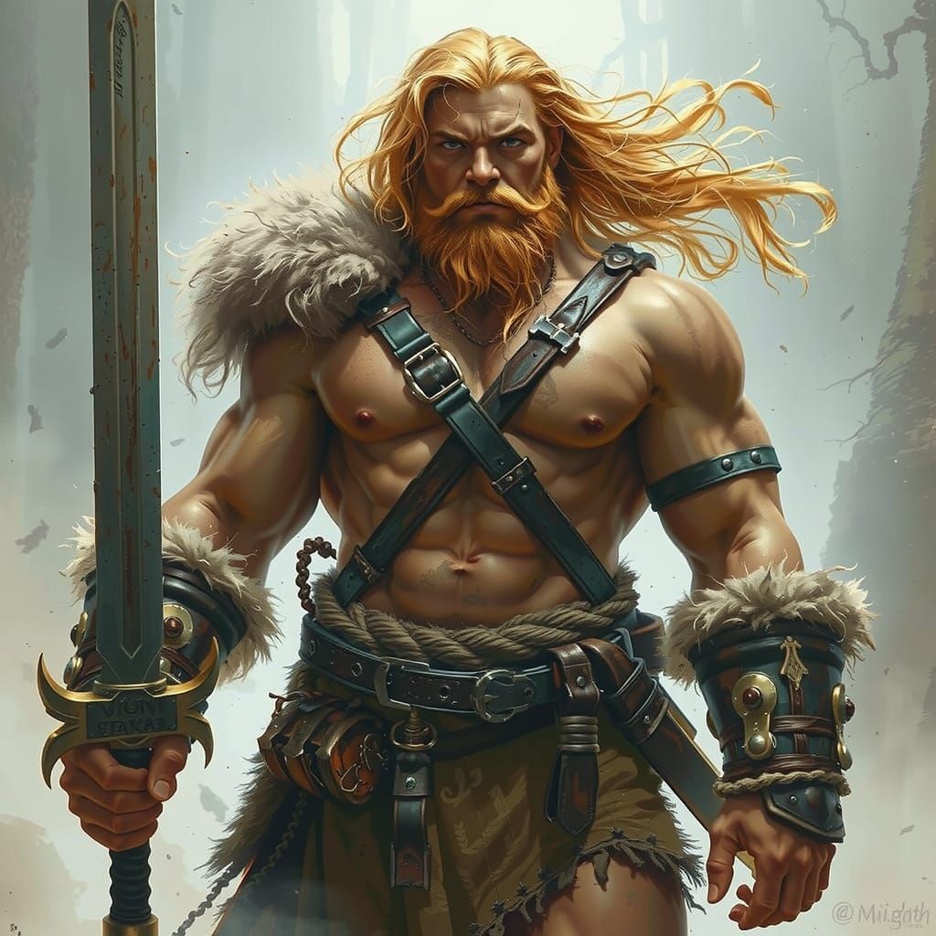 Heroic Barbarian Warrior in a Mystic Forest
