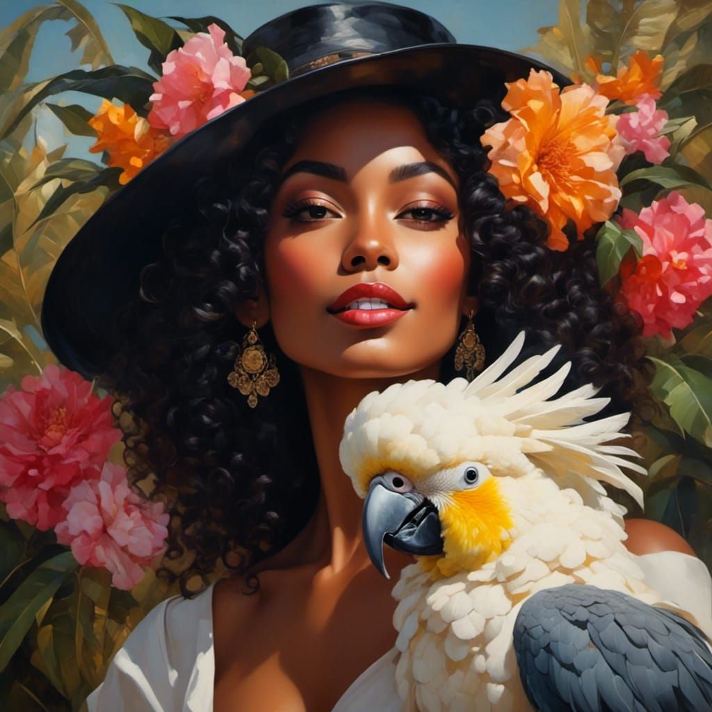 Beautiful Black Woman with Cockatoo and Exotic Flowers