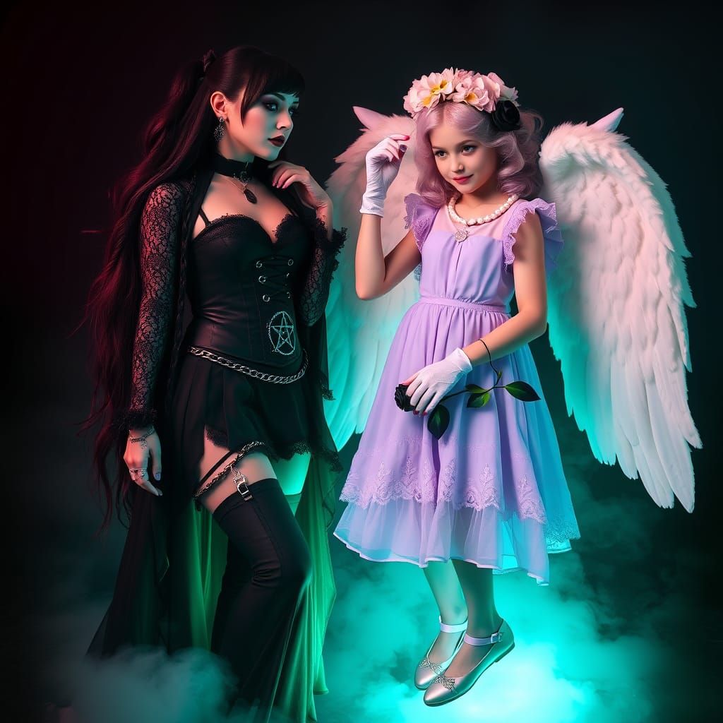 Goth Witch Meets Pastel Angel in Surreal Encounter