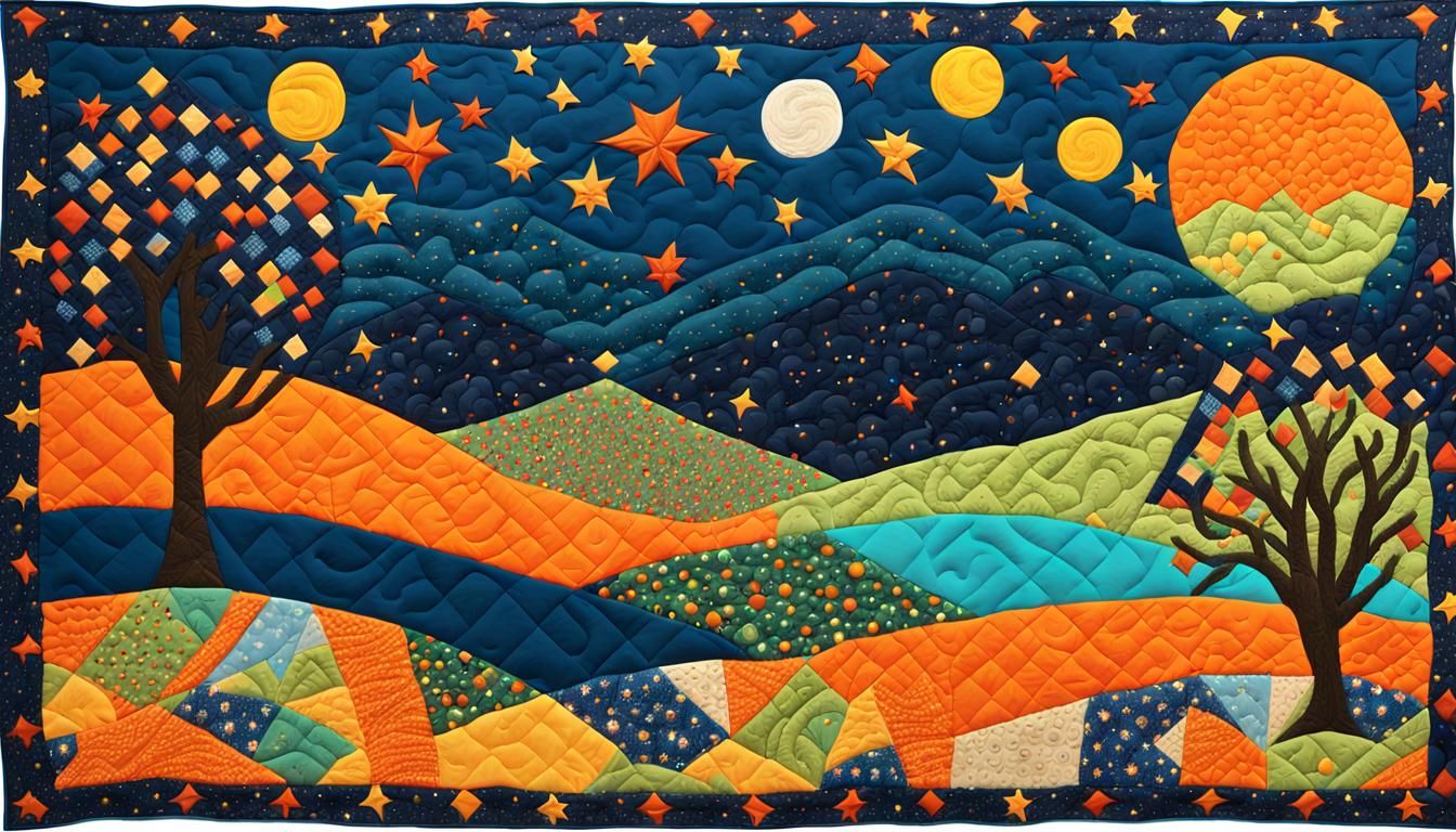 Abstract Landscape Quilt with Diamond Sky
