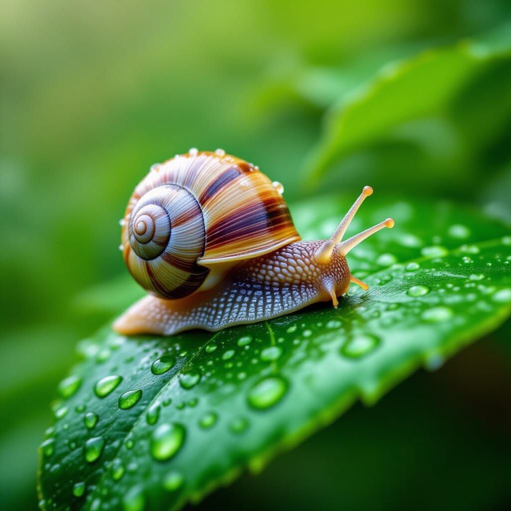 Snail with Raindrops in Ultra-Realistic Macro Photography