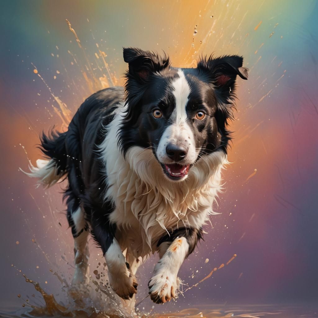Hyperrealistic Border Collie Splash Art Portrait