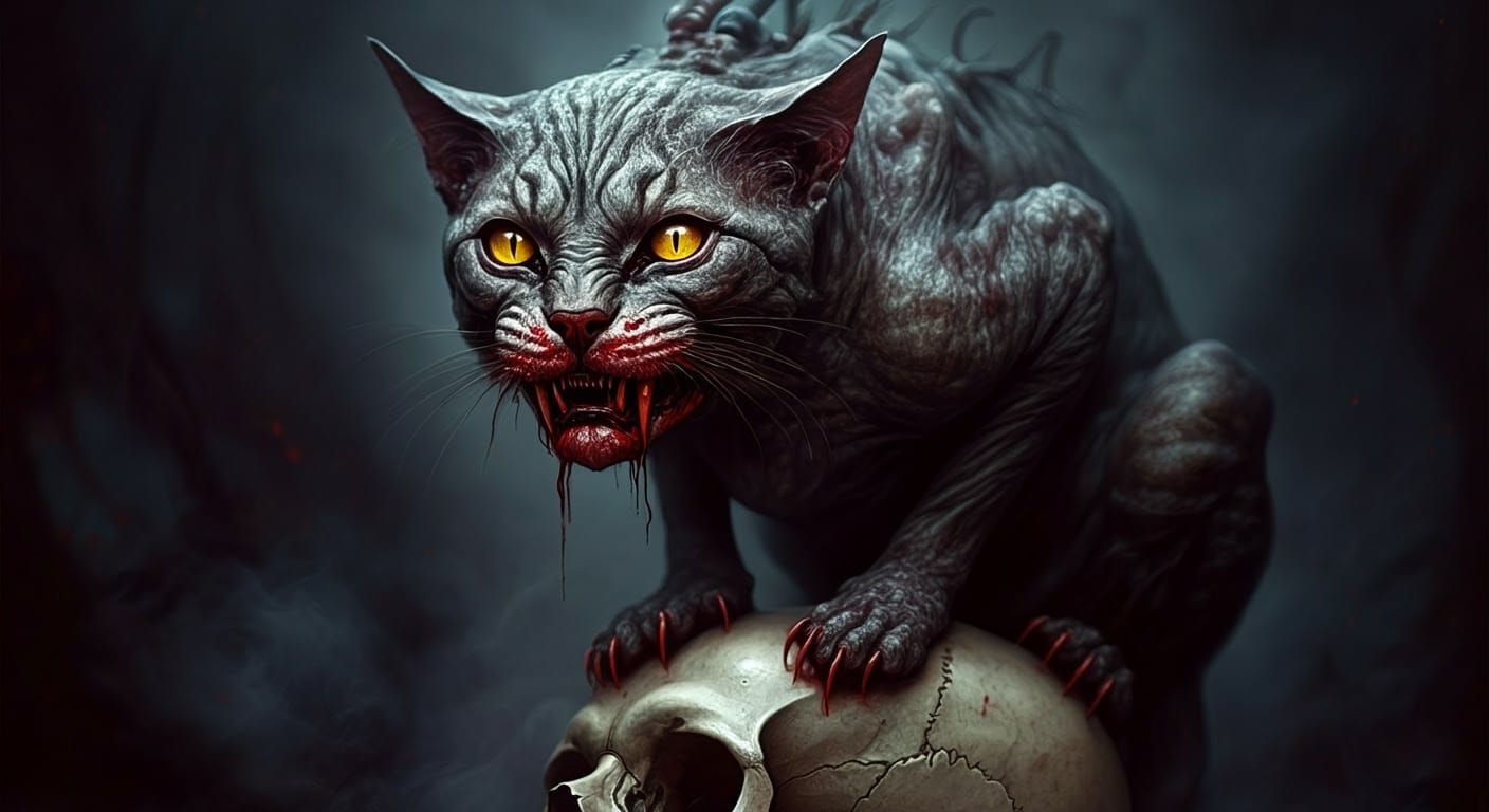 Grotesque Feline Atop Skull in Dark Sci-Fi Horror Style