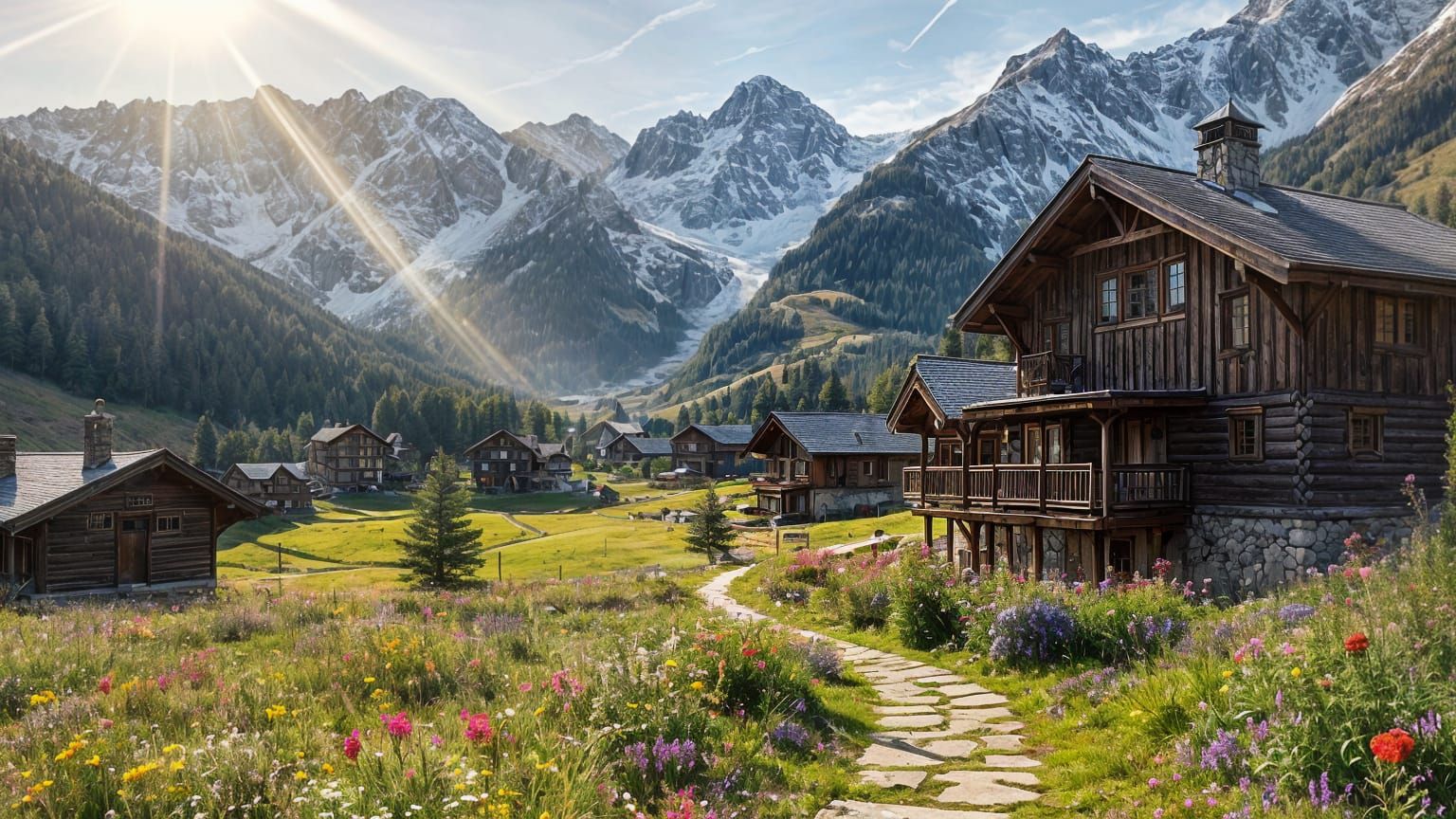 Alpine Village Summer Scene with Fairies