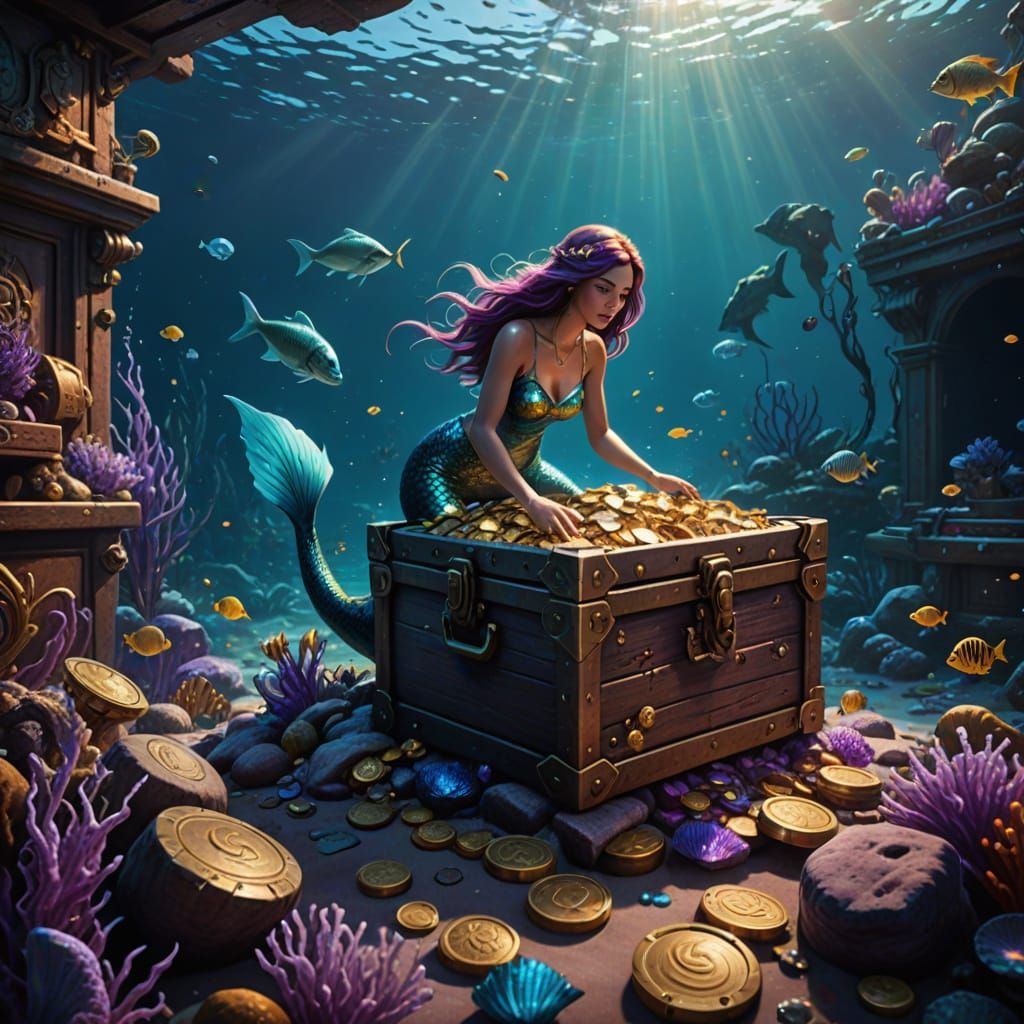 Mermaid Finds Sunken Treasure: Fantasy Oil Painting