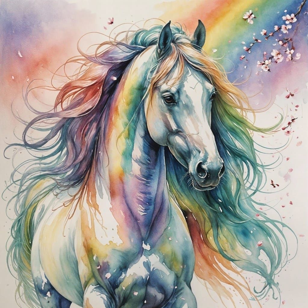 Majestic Horse in Pastel Rainbow Watercolor