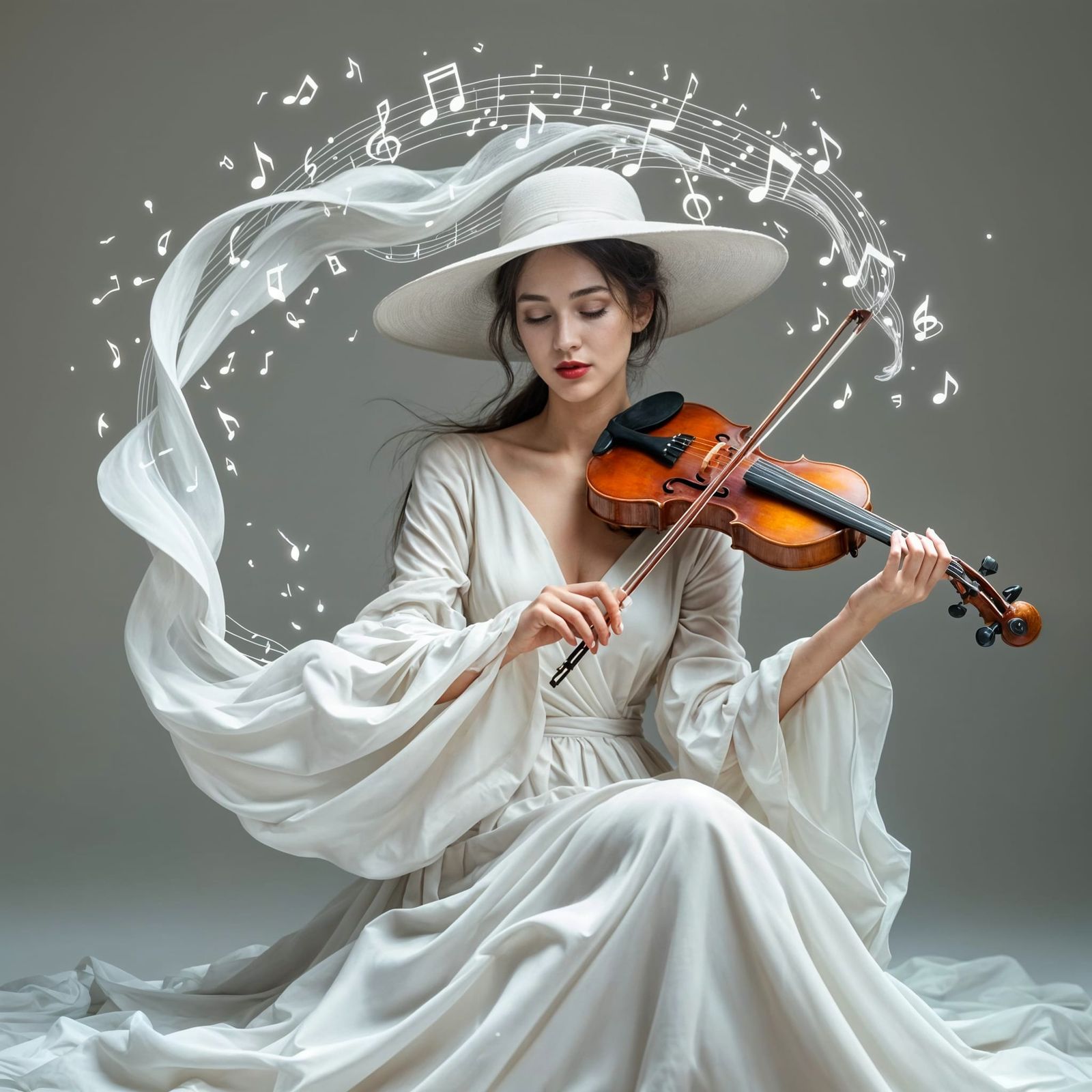 Surreal Woman Plays Violin in Ethereal Landscape
