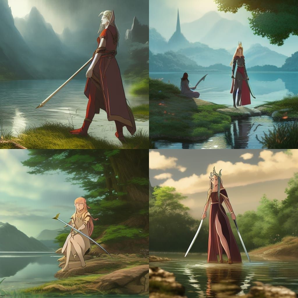 Elven Warrior Queen in Lake: Studio Ghibli Anime
