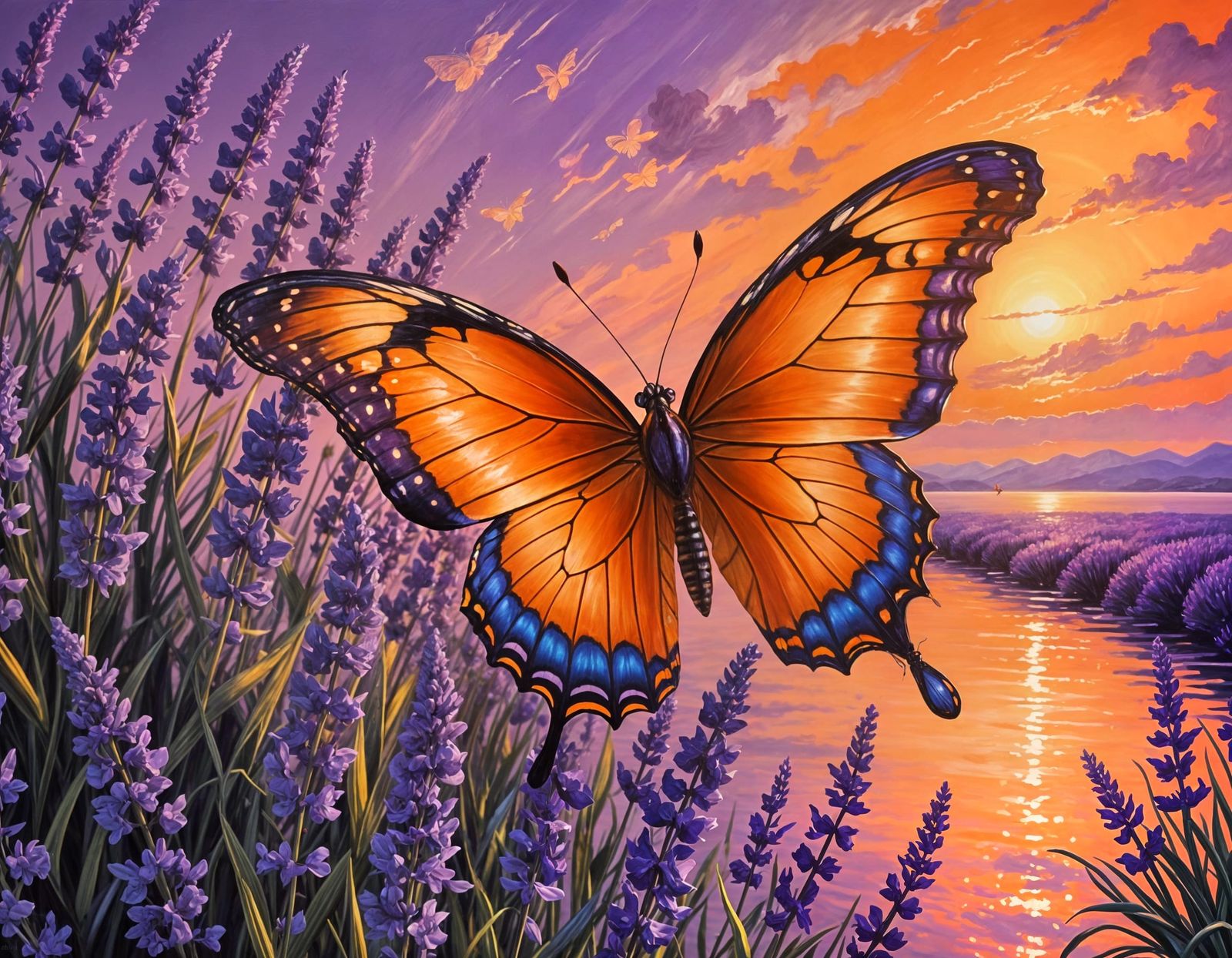Surreal Orange Butterfly Amidst Lavender Ocean
