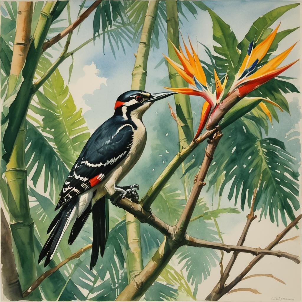 Woodpecker in Paradise: A Hopper-esque Watercolor